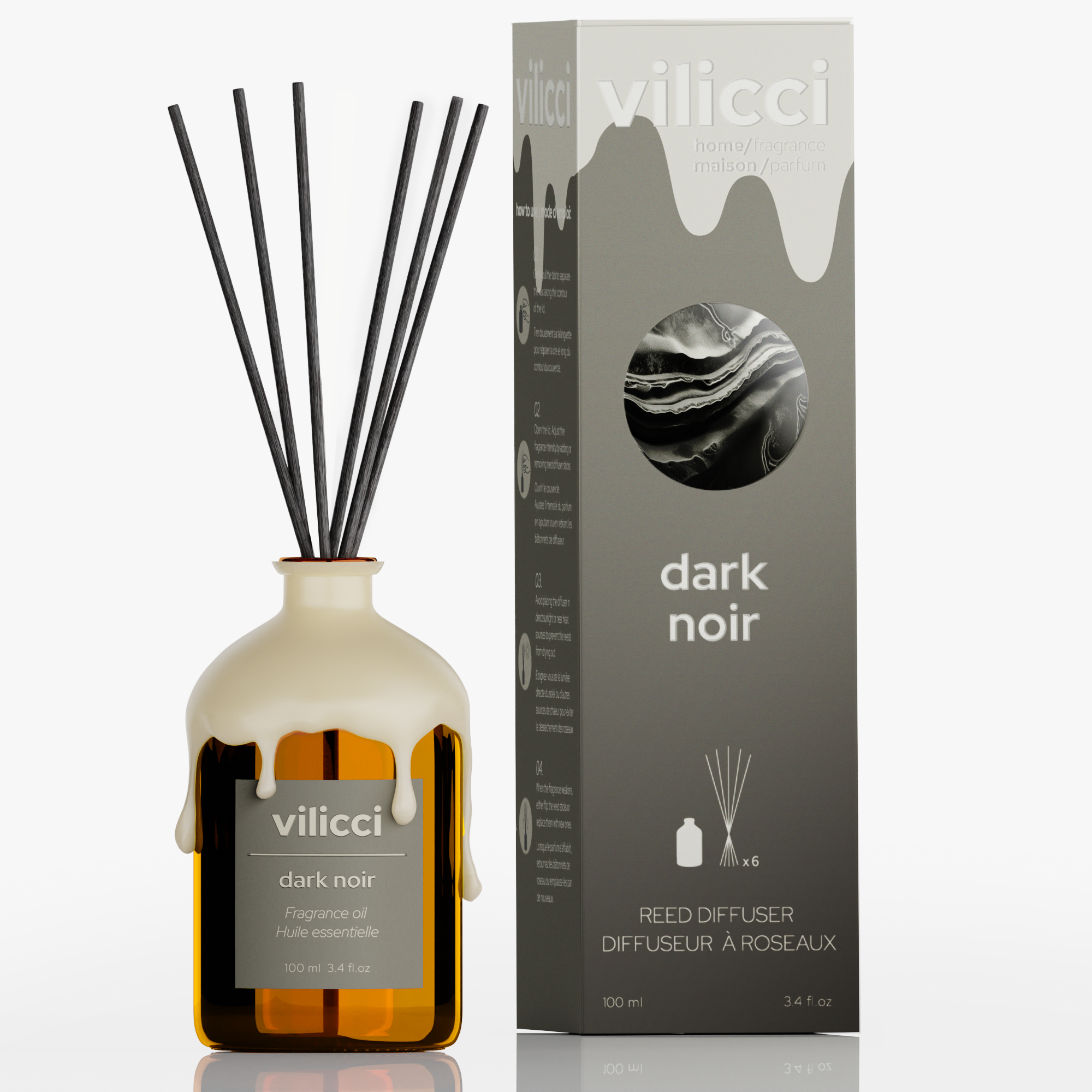 Vilicci Dark Noir home diffuser with cream-drip glass bottle and matching retail box, 100ml size